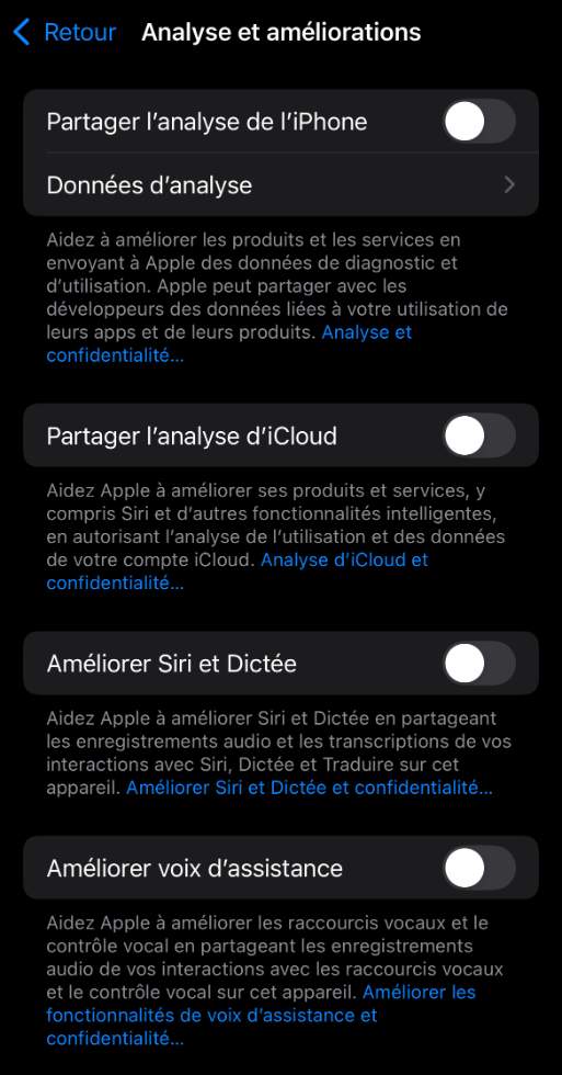 Capture d'écran de la page « Analyse et améliorations » depuis un iPhone