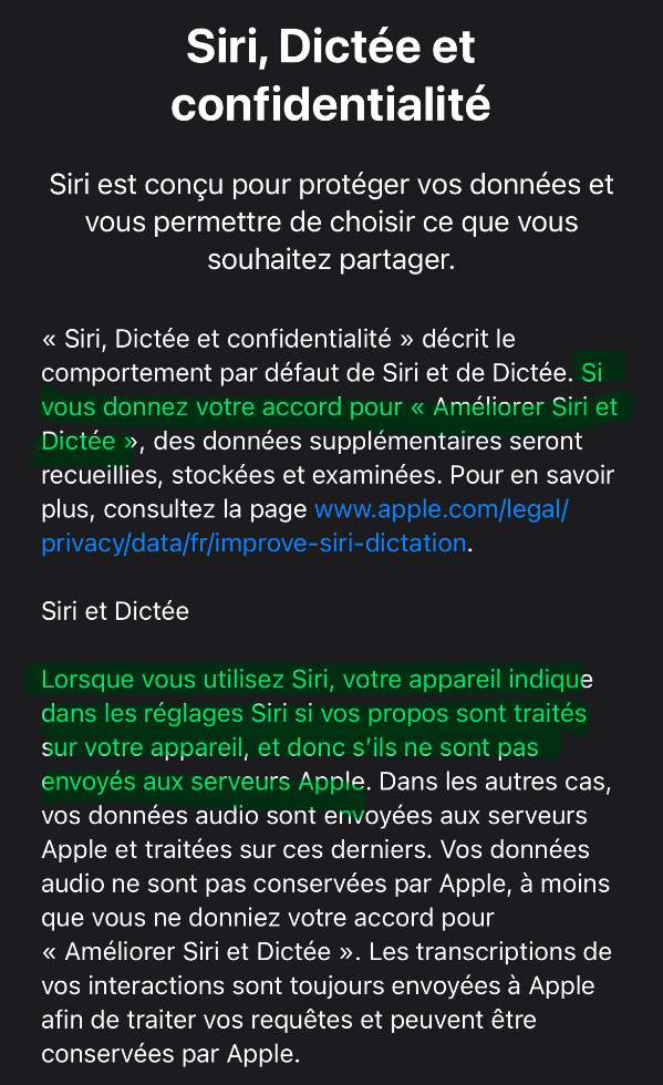 Capture d'écran de la page Siri, Dictée et Confidentialité. Est surligné lorsque vous utilisez Siri, votre appareil indique dans les réglages Siri si vos propos sont traités sur votre appareil, et donc s'ils ne sont as envoyés aux serveurs Apple