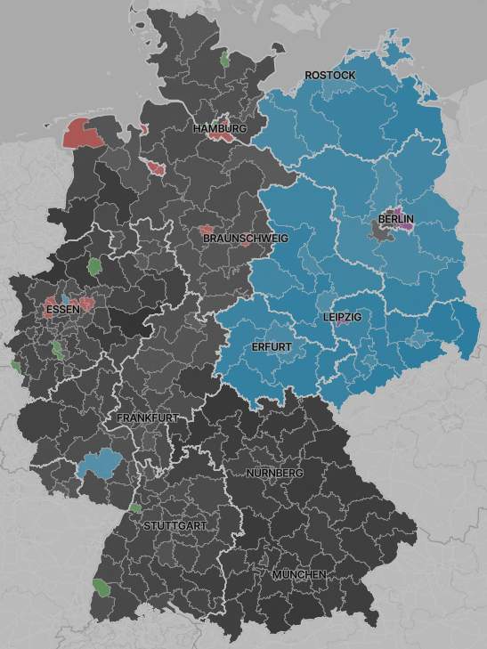 Carte de l'Allemagne illustrant la division entre l'Est et l'Ouest du pays