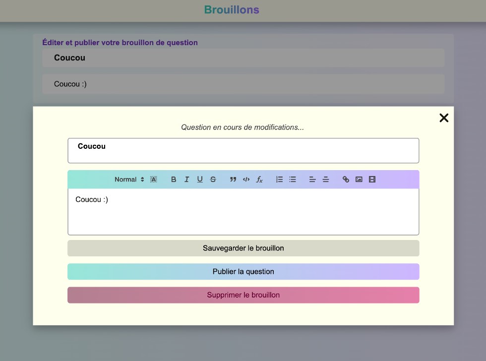 Capture d'écran montrant une mise à jour de question depuis brouillon