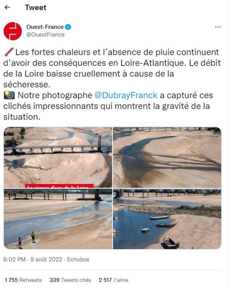 Capture d'écran d'un tweet montrant des photos de la Loire asséchée