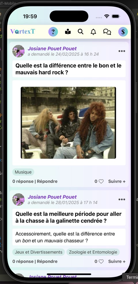 Capture d'écran de la page d'accueil de VortexT selon mes premiers pas avec React Native