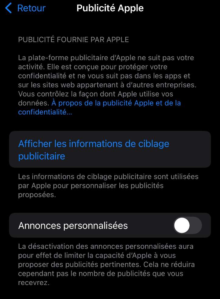 Capture d'écran de la section Publicité Apple d'un iPhone