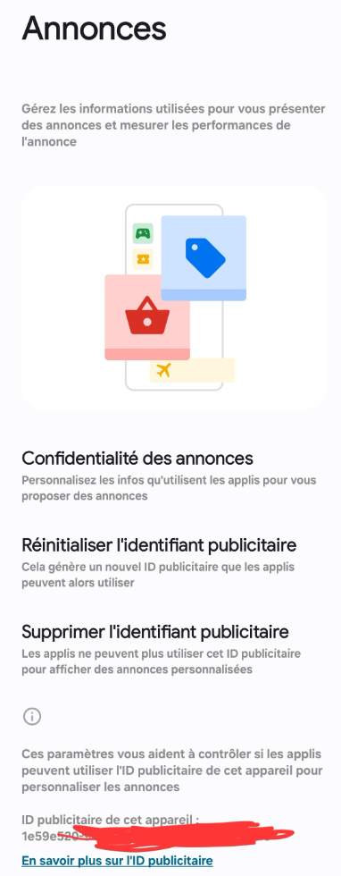 paramètres qui permet de connaître, supprimer son identifiant publicitaire